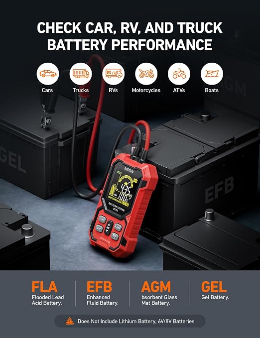 AstroAI Car Battery Tester 12V/24V — 100-2000 CCA, Alternator & Charging System Analyzer, Compatible with FLA/AGM/Gel/EFB, for Cars, Trucks, RVs & Marine Vehicles