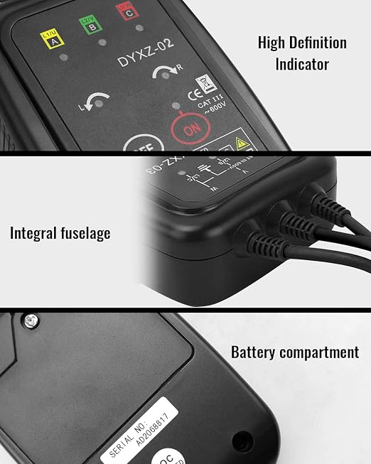 3 Phase Rotation Tester Non Contact Rotation Meter AC 70~600V | High Magnetic Induction Phase Sequence Detector with 22 Inch Clamp Lead, LED, Carrying Bag Auto Power Off Phase Meter