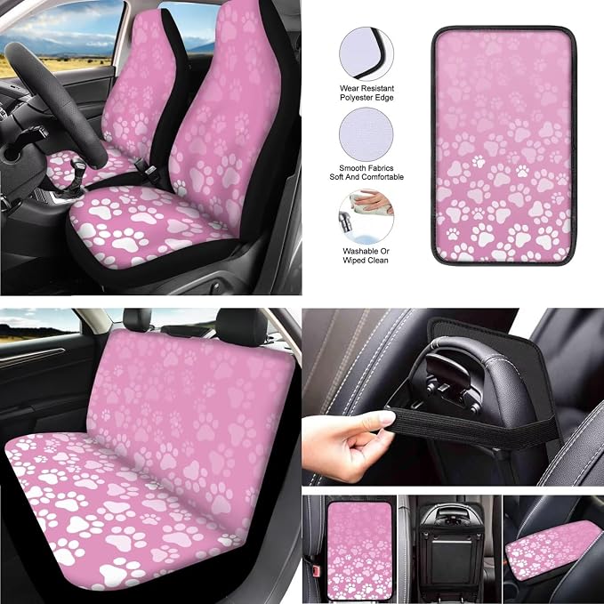 Dog Paw 13 Pack Print Car Seat Covers Full Set Pink Dog Paw Car Interior Accessories Gradient Cat Footprint Silhouette Fit Auto SUV Trucks Seat Belt Shoulder