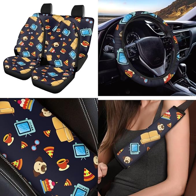 Cartoon Style 12 Pcs Car Seat Covers Full Set with Steering Wheel Cover,Seat Belt Covers Cup Holder Center Console with Keychain Universal Fit for Cars SUV