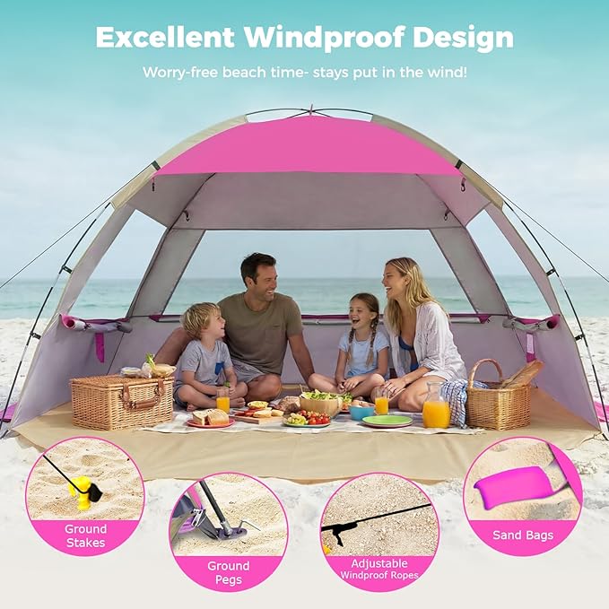 Venustas Beach Tent Sun Shelter for 3/4/6/8 Person, UPF 50+ UV Protection Beach Canopy, Lightweight and Easy Setup Cabana, Portable Shade Tent