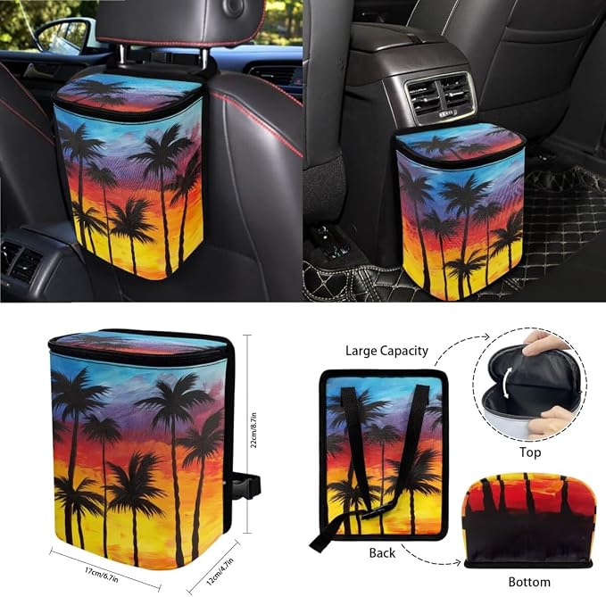 Tropical Palm Tree Print 15 Pack Car Seat Cover Set with Steering Wheel Covers Seatbelt Strap Pad Garbage Cans Rear View Mirror Cover Coasters Key Chain Universal Fit
