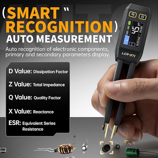 FNIRSI LCR-ST1 10KHz LCR Meter Tweezer, Mini Smart SMD Tester, ESR Meter, Multimeter, Capacitance Inductance Continuity Diode Tester, Auto Component Recognition Electronic Component Analyze