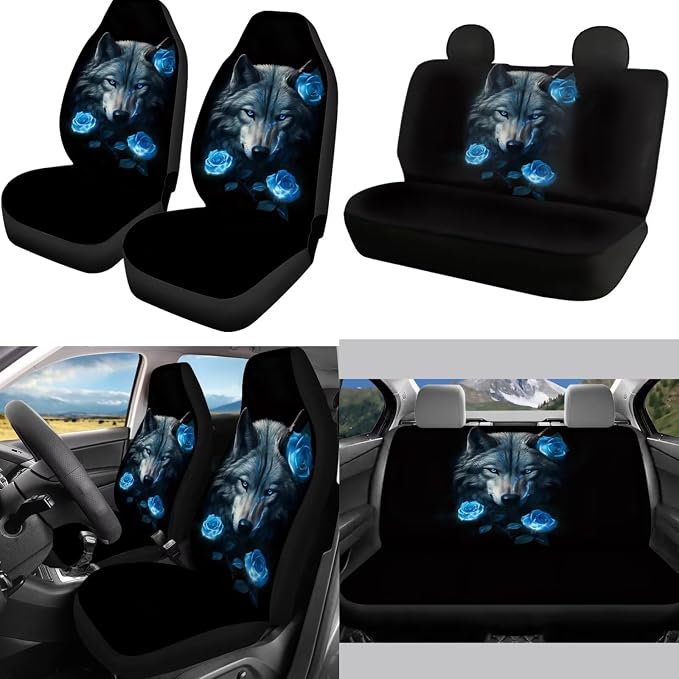 Mumeson Blue Rose Wolf Womens Car Front Seat and Rear Bench Covers Car Seat Covers with 15 Inches Steering Wheel Cover + Seat Belt Shoulder Pads + Car Soft Armrest Cushion Pad