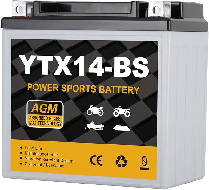 YTX14-BS Motorcycle Battery 12V 12Ah, 220 CCA Sealed AGM Rechargeable Maintenance Free Battery, Replacement for ATV, UTV, Scooter, ETX14, GTX14-BS