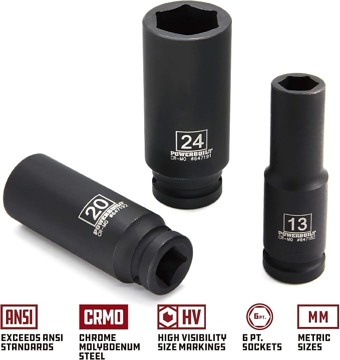 Powerbuilt Metric Deep Impact Socket Set, 1/2 Inch Drive, 6 Point, 11 Pieces, Size Markings, Z-Drive Sockets Grip - Black 647048