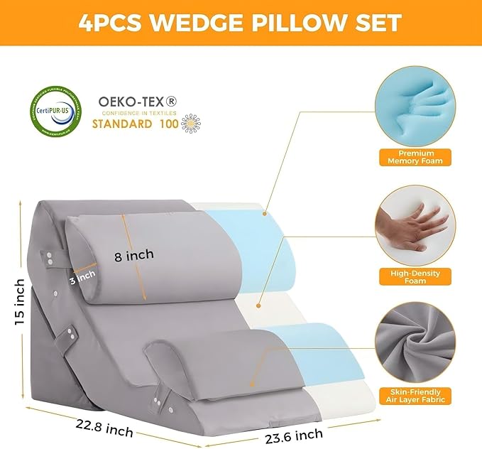 Ruqmuis 4PCS Wedge Pillow Set for After Surgery, Adjustable Back Pillow for Bed Sitting up, Acid Reflux, Bed Wedge Pillow Headboard for Sleeping&Snoring, Orthopedic Pillow for Post Surgery, Plush Grey