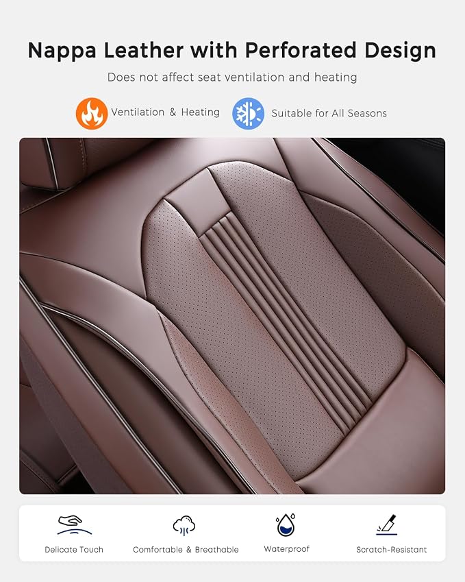 Huidasource Brown Front Seat Covers, Nappa Leather Front Car Seat Covers with Lumbar Support, Ventilation Holes, Side Elastic Fabric, Airbag, Full-Coverage Seat Covers, for Most Cars SUV Trucks, Brown