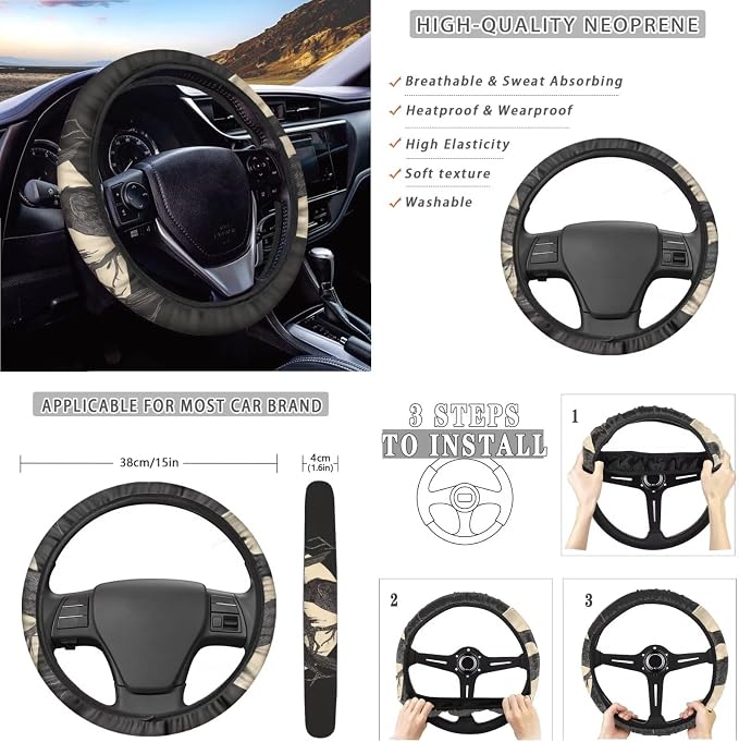Suobstales Raven Moon Print Car Accessories with Car Front Rear Split Seat Covers, Seat Belt Pads + Steering Wheel Cover + Coaster + Keyrings for Women Set of 11-Pcs