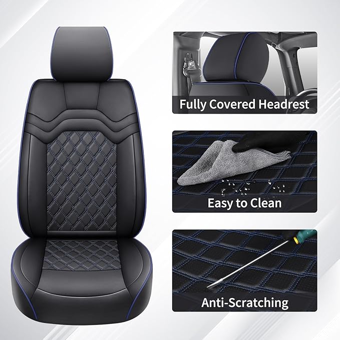 Huidasource for Jeep Wrangler JK Seat Covers 2 Door 2007-2017, Custom Fit Leather Seat Covers for Wrangler 2-Door Sport Rubicon Sahara Freedom Willys (Full Set/Black&Blue)