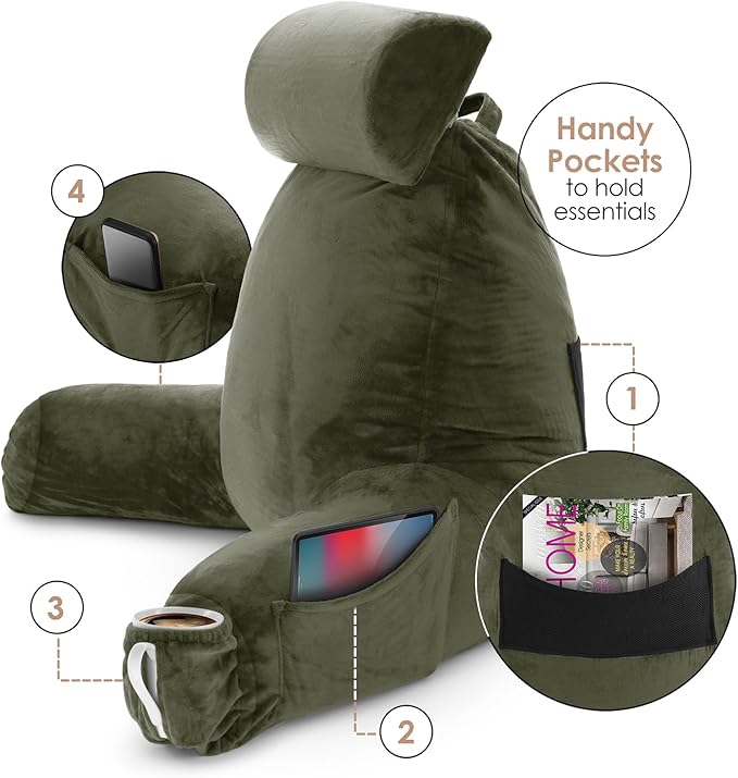 Nestl Reading Pillow with Shredded Memory Foam Includes 2 Neck and Lumber Support Pillows, Designed for Sitting Up in Bed and Couch, Back and Arms Adjustable Support for Adult & Teens, Olive Green