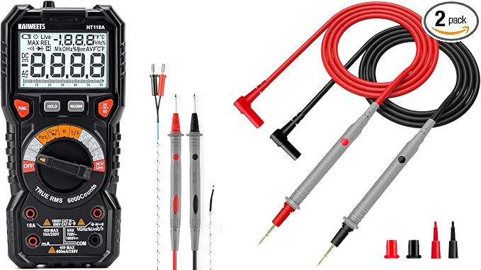 KAIWEETS HT118A Digital Multimeter TRMS 6000 Counts Voltmeter and KET20 Silicone Multimeter Test Leads with Gold-Plated Probes