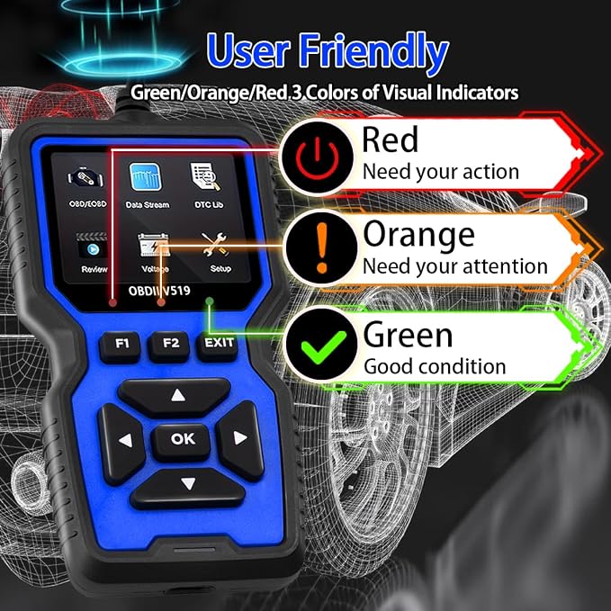 V519 OBD II Car Scanner, Diagnostic Error Finder, Fault Code Detection and Real-Time Data Stream, Compatible with All OBD II Protocol Vehicles from 1996+