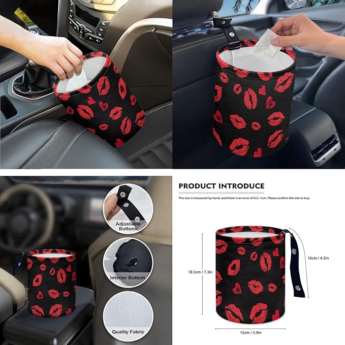 15 Pcs Red Lip Car Seat Covers Full Set for Women Car Accessories Interior Car Steering Wheel Cover Seatbelt Covers Trash Bin Rear View Mirror Cover Cup Holders Keychain