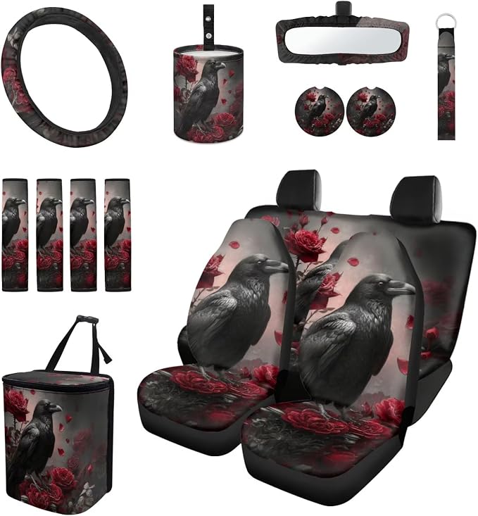 Rose Raven 15 PCS Car Seat Cover Set with Auto Steering Wheel Cover Seat Belt Strap Protector Cup Holder Trash Bag Rear View Mirror Protector Keychain