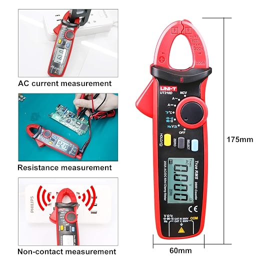 UNI-T UT210D Mini Digital Clamp Meter 200A AC DC Current True RMS Pliers Ammeter Voltage Frequency Temperature Tester Multimeter with Alligator Clip, Red&Black