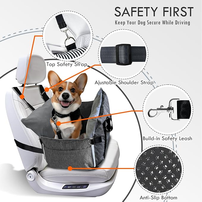 Dog Car Seat for Small/Medium Dogs Under 40 lbs - Elevated Pet Seat with Safety Belt, Non-Slip Base, and Storage Pockets for Car Travel Gray