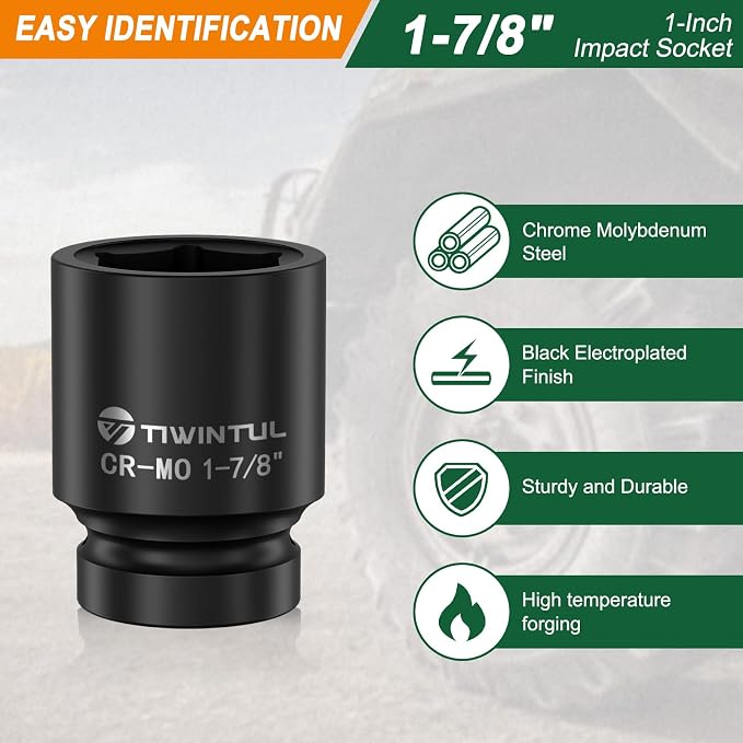 1-7/8" Impact Socket 1 Inch Drive for for Truck Axle Nuts, CR-MO | 6 Point Design Large Impact Socket, ANSI Certified, Heavy Duty Socket 1 Inch Drive , Hub Removal & Mining Equipment Repair