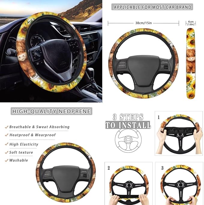 Wanyint Car Seat Cover Set 12 PCS, with Steering Wheel Cover Seat Belt Armrest Handbrake Gear Shift Knob Cover Set Coasters Auto Accessories, Cute Highland Cow Sunflower