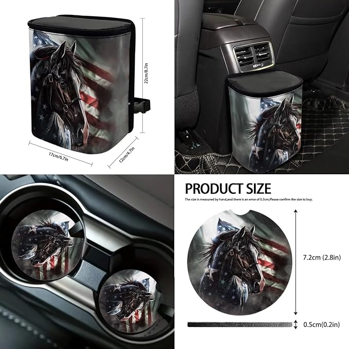 Suobstales Horse American Flag Print Car Accessories Car Seats Cover Protector, Steering Wheel Covers, Seatbelt Cover, Car Trash Can, Cup Coasters, Rearview Mirror Cover, Keychains, Pack of 13