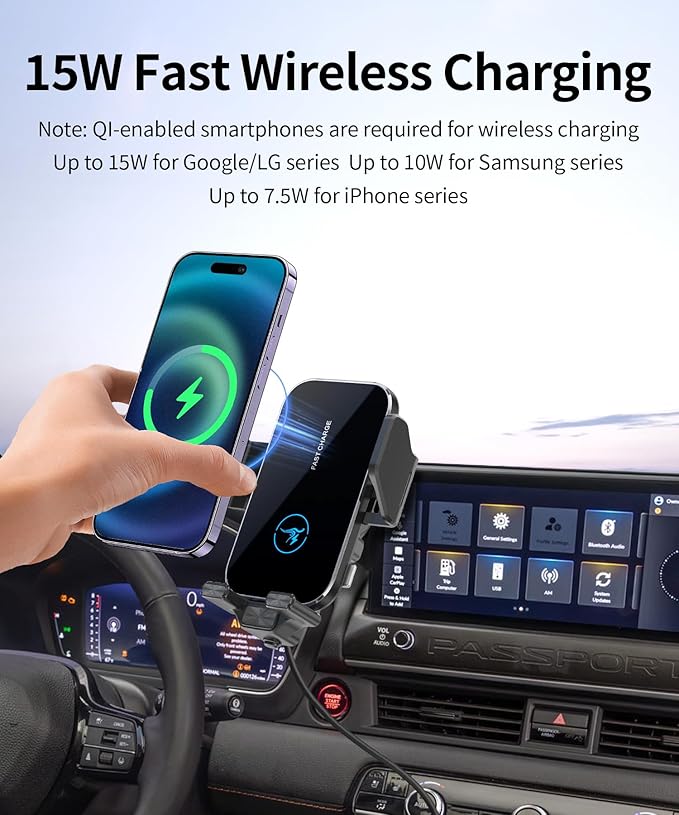 15W Wireless Fast Charger for Honda Passport 2026 / Honda Pilot 2026 Accessories 12.3-inch Screen Fixed Clip, Interior Decoration Mobile Phone Mount, 360° Rotation, Don't Affect Air Vent