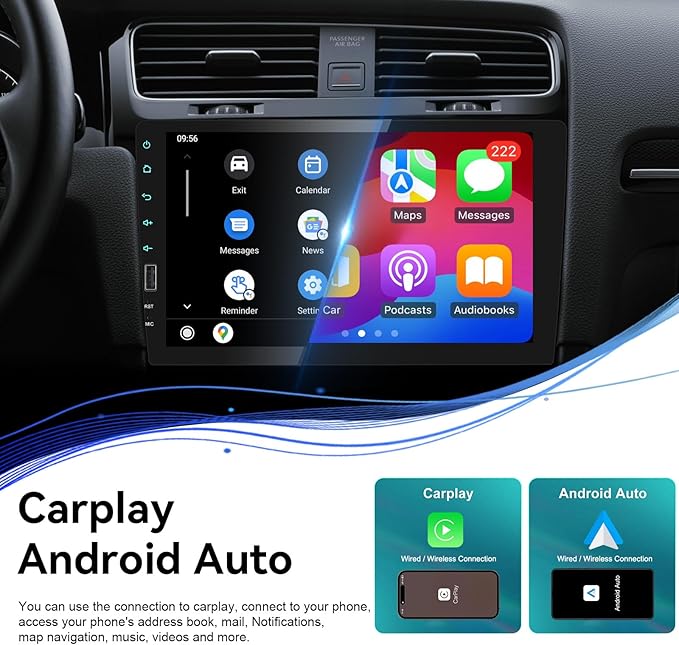 9 Inch Touchscreen Single Din Car Stereo with Online Video Wireless Carplay Android Auto GPS Navigation/Voice Control/Bluetooth/Mirror Link/FM AM