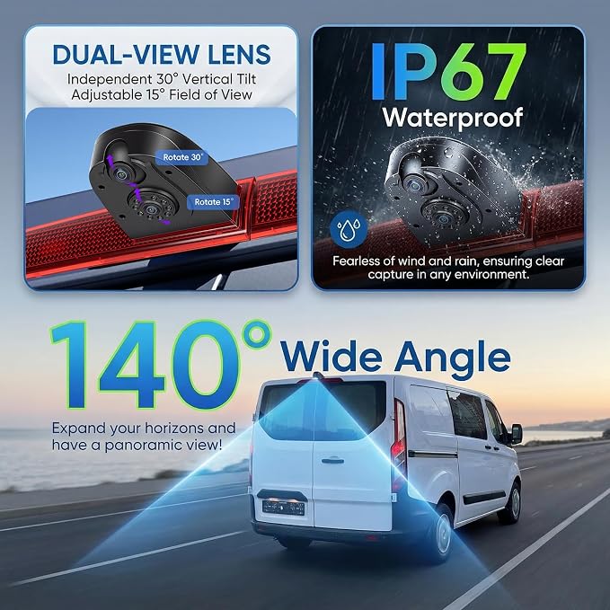 Dual Camera Third Brake Light Backup Camera for Ford Transit 2012-2015 with 10M Cable, CVBS NTSC/AHD PAL Switchable, 140° Wide Angle, IP67 Waterproof, Night Vision, Vehicle-Specific Reverse Camera