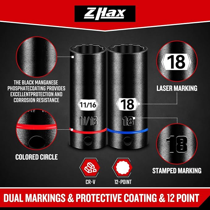 ZHAX 3/8 Inch Drive 12 Point Impact Socket Set, 74 PCS Standard SAE(5/16"- 3/4") & Metric(8-22mm) With Color Ring, Deep & Shallow, 72T Wrench Ratchet Tool Kit,Cr-V With Heavy Duty Storage Case