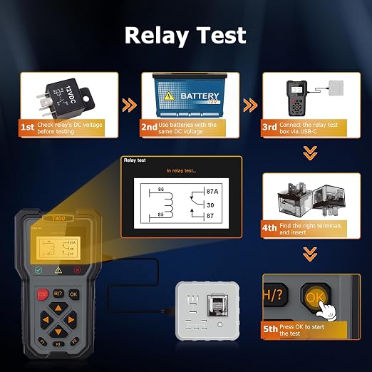 OBD2 Scanner and Battery Tester, 2-in-1 Car Diagnostic Tool, Check Engine Code Reader, 12V Battery Analyzer, Relay Tester, Fuel Injector Tester for Heavy Duty Truck, T400