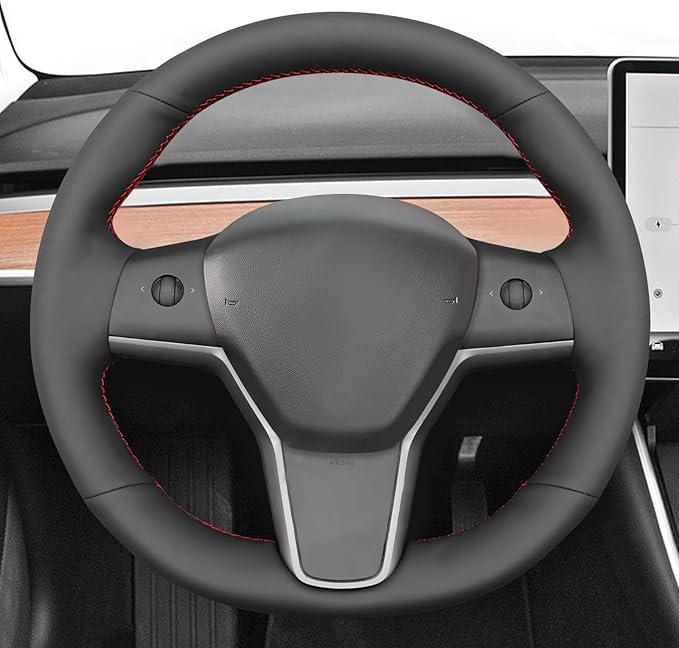 MEWANT DIY Black Smooth Artificial Leather Steering Wheel Cover Wrap for Tesla Model Y 2020-2023 Model 3 2017-2023