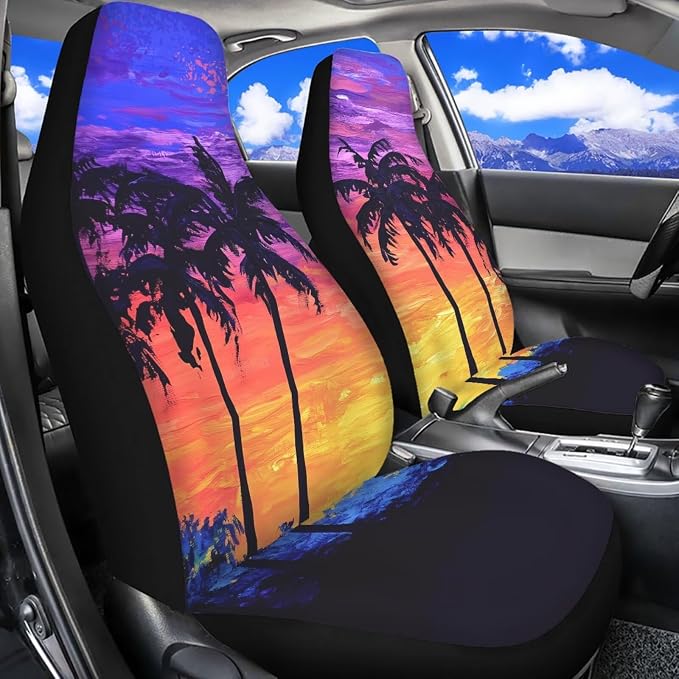 Coconut Tree Car Seat Covers Full Set 11 Pack Auto Seat Belt Cover Steering Wheel Cover Gear Lever Cover Hand Brake Cover Universal Fit for Cars SUV