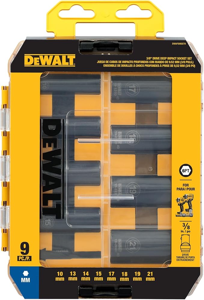 DEWALT 3/8 Impact Socket Set, 9 Pcs Deep Metric Socket Set, 6 point, 10 mm to 21 mm, Includes 1/4 inch Adapter, for Cordless and Corded Impact Drivers and Wrenches (DWAFSMSET9)