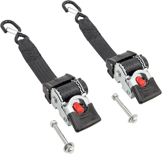 PowerTye - 2 inch x 6ft Long Retractable Ratchet Tie Down Strap with Mounting Bolt and Latch-Hook, Self-Retracting Ratchet, 800 lb W.L.L., Ideal for Motorcycle, ATV, Cargo, Boats, Black (Pair)