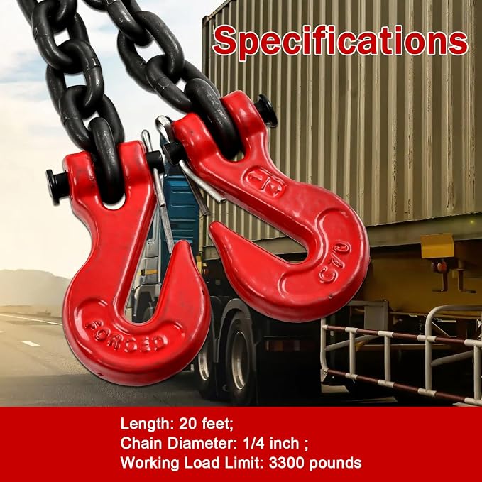 Heavy Duty G80 Transport Binder Chain 1/4'' Inch x 20 Feet,Tow Chain with G70 Clevis Grab Hooks,3300 lbs Safe Working Load Logging for Transporting, Towing(1/4'' x 20FT Black).