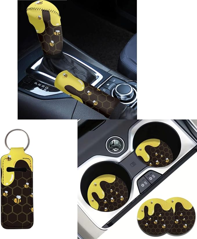 Cute Bee Honey Cartoon Car Seat Covers for Front Rear Full Set + Auto Steering Wheel Cover + Seat Belt Pads + 2Pcs Coasters + Keychains + Gear Shift Cover Universal fit SUV Truck Vans Sedans