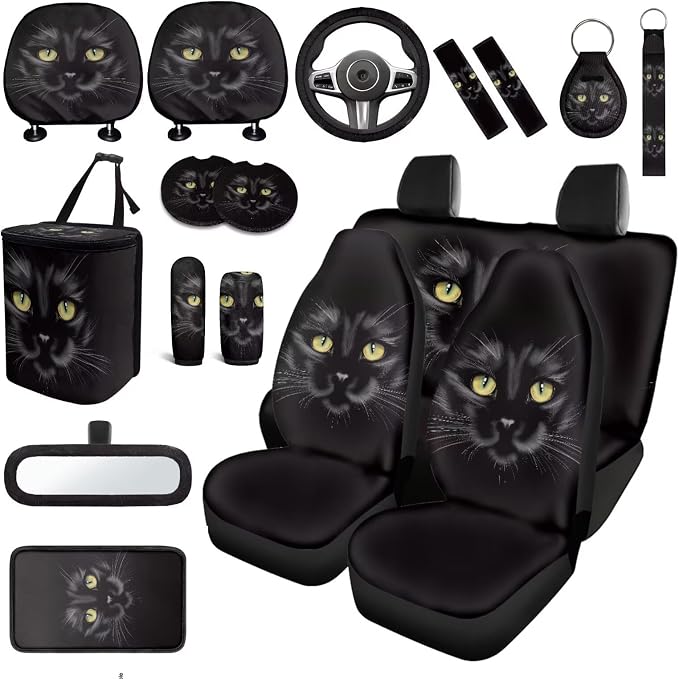 18 Pcs Black Cat Car Seat Covers Full Set Animal Cat Car Interior Accessories Full Set for Women Men Universal Car Seat Belt Pads Cover Car Trash Can Car Headrest Covers Cup Holder Coasters