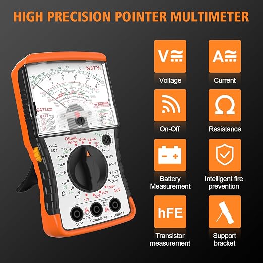 NJTY S471 Analog Pointer Multimeter, High Sensitivity Needle Meter for DC/AC Voltage Current Resistance Testing, Portable Battery and Load Tester with Built-in Fuses