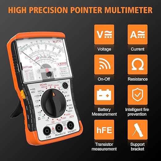 NJTY S471 Analog Pointer Multimeter, High Sensitivity Needle Meter for DC/AC Voltage Current Resistance Testing, Portable Battery and Load Tester with Built-in Fuses