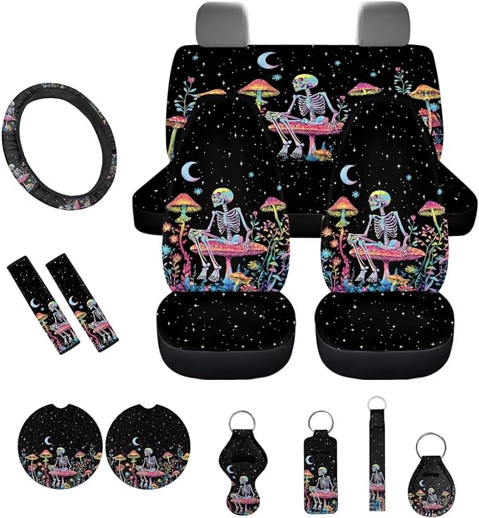 Halloween Car Accessories Car Seat Covers Full Set with Steering Wheel Covers+Seat Belt Pads+Coasters+Keychain+Lipstick Holder Universal Fit(13 Pack), Skull Mushroom Starry Night