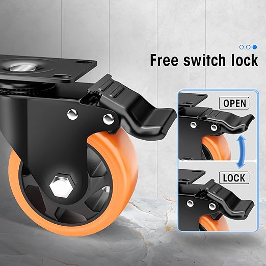4" Swivel Plate Casters, 1200Lbs Capacity with Brake | Orange, 4-Pack, PU Wheels, Double Ball Bearings, Quiet & Non-Marking, for Workbenches & Carts