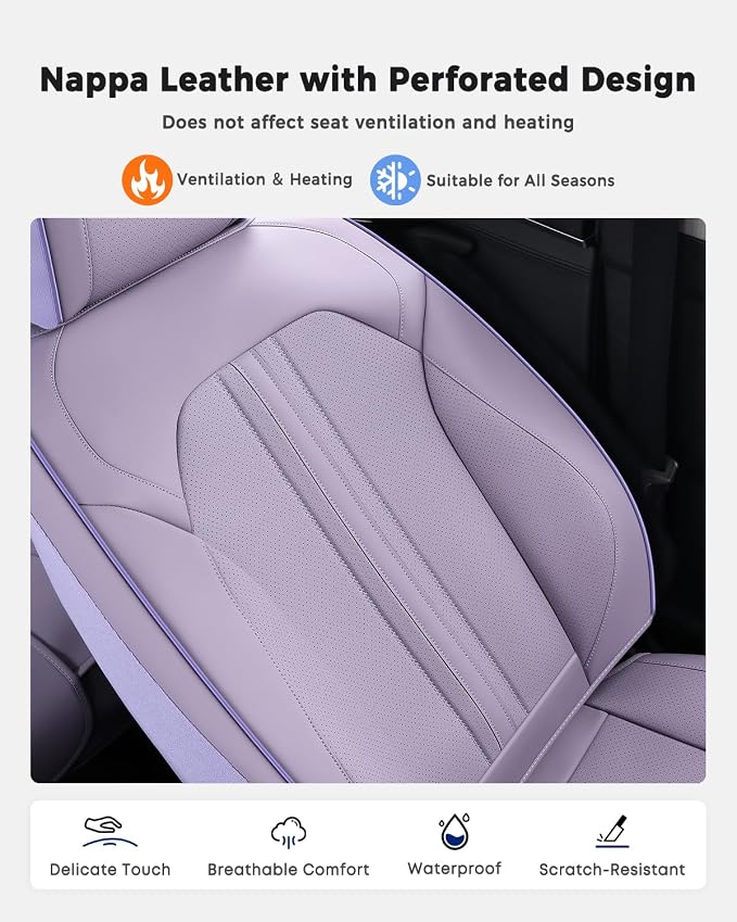 Huidasource Purple Front Seat Cover, Luxury Faux Leather Front Car Seat Cover, Compatible with Airbags, Seatbelt Buckles, Perforation, Cooling＆Heating, Universal Fit for Most Cars, Vans, Trucks, SUVs