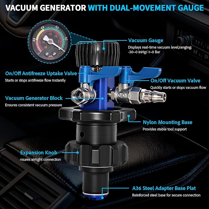 VTG VOGTEN Coolant Vacuum Refill Kit,15PCS Vacuum Coolant Fill Kit with Leak Detector,6 Adapters,Cooling System Vacuum Fill Tool with Dual-Movement Gauge,for Pressure Testing,Leak Detection