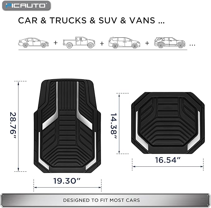 PIC AUTO Heavy Duty Rubber Floor Mats, Silver Aluminum Film Car Mats Set, Front and Rear Car Mats with Anti-Slip Backing, All Weather Protection, Trim-to-Fit for Automotive SUV, Sedan, Van