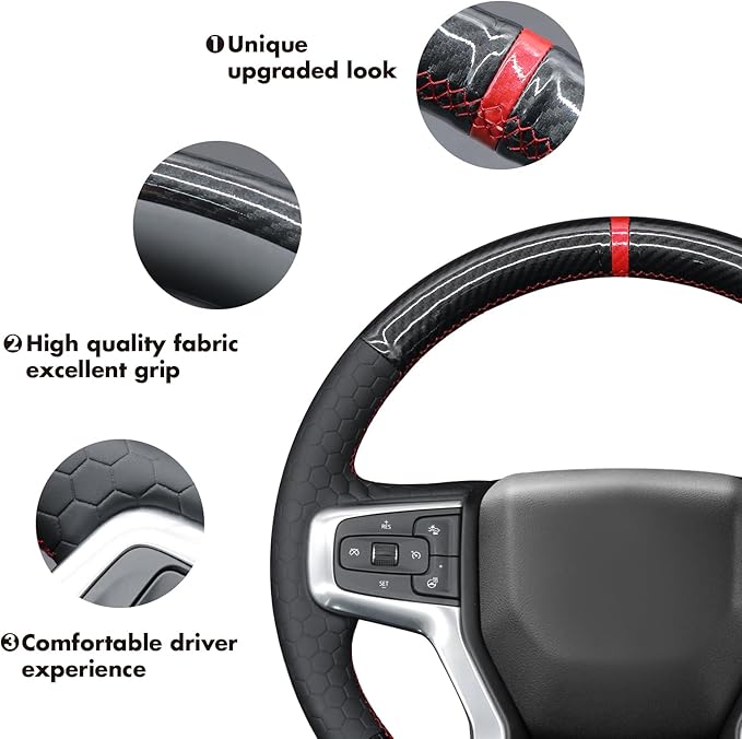 MEWANT Steering Wheel Cover for Chevy Silverado 1500 2019-2024/2500 3500 2020-2024/Blazer 2019-2024/Suburban Tahoe 2021-2024 Carbon Fiber Hand-Stitched Steering Wheel Wrap