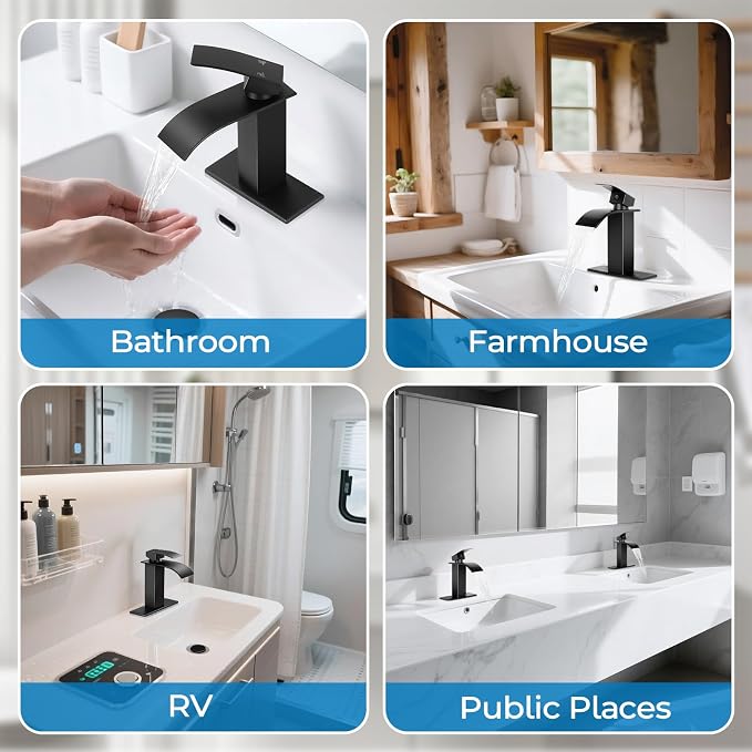 Matte Black Bathroom Faucets, Waterfall Bathroom Sink Faucet Modern Single Handle Bathroom Faucte 1 or 3 Hole, RV Mixer Tap Vanity Faucet - Includes Pop-up Drain Supply Hoses Deck Plate