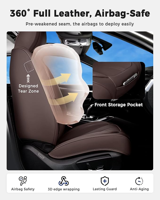 Huidasource Coffee Seat Covers Luxury Nappa Leather, Car Seat Cover with Velcro Adjustable, Airbag, Lumbar Support, Cooling and Heating, SUV Seat Covers Universal Fit for Most Cars SUV Trucks, Coffee