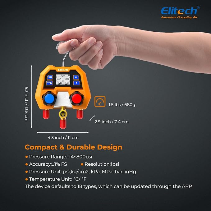 Elitech Digital Manifold Gauge for HVAC, Refrigeration & AC Systems - Supports R410A/R454B/R32/R134a etc. Refrigerants, Pressure & Temperature Measurement, 3 Port, LCD Display, DMG-2SE