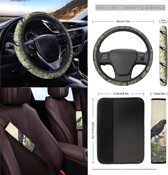 Crow Flower Print Full Set with Front Back Seats Steering Wheel Covers Rearview Mirror Cover Keychain Trash Can Auto Seat Belt Pads Air Vent Storage Bag Cup Holder Coaster for Women Men
