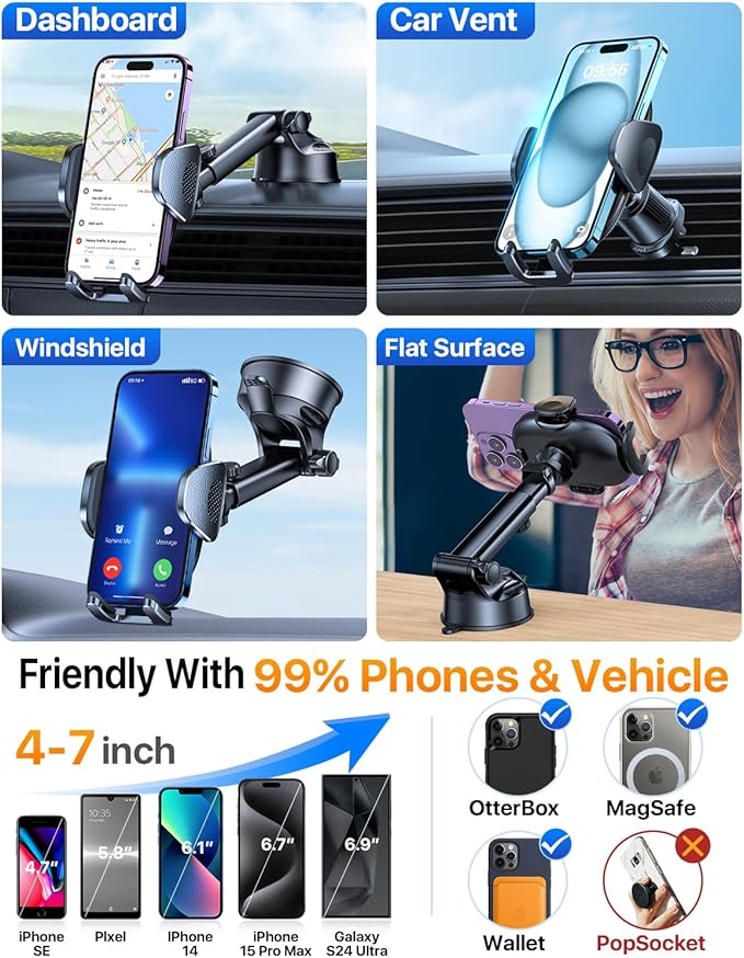 YRU Upgraded Universal Car Phone Holder Mount【360°Rotatable & Strong Suction】 Cell Phone Car Dashboard Windshield Phone Holder Dash Vent Stand for iPhone 17 16 Pro Max Samsung Truck, Black