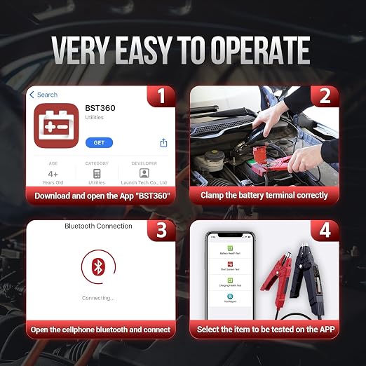 Launch Battery Tester, BST 360 Bluetooth Battery Test Clip, 12V Car Battery Tester with Charging System/Cranking Test, Auto Battery Analyzer for Cars/Trucks/RVs/Motorcycles/Boats